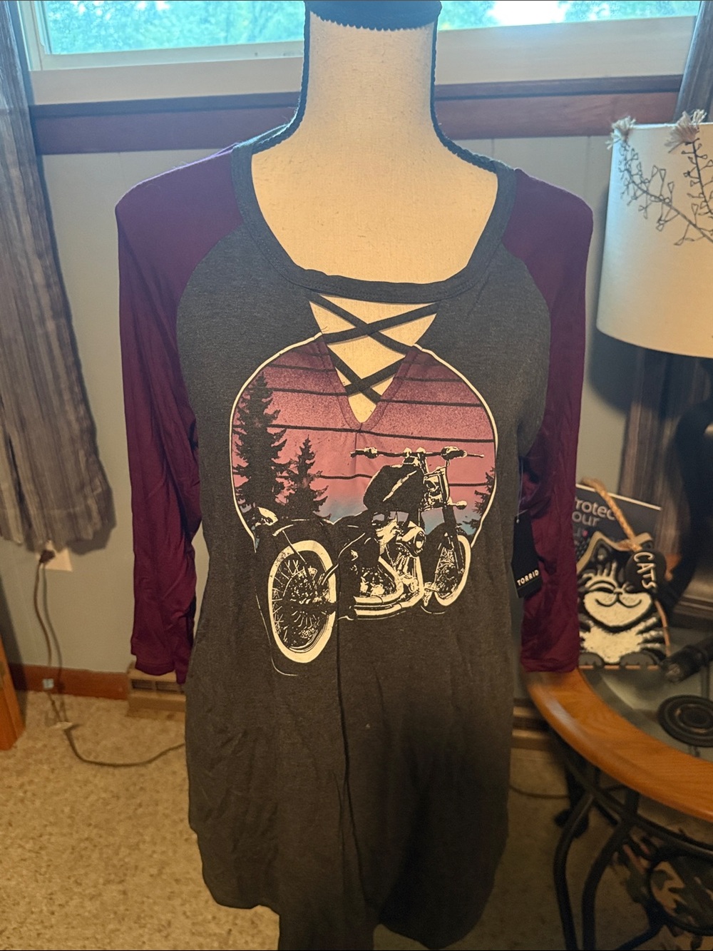 NWT Torrid Crisscross Motorcycle Graphic Raglan Top - Charcoal & Plum